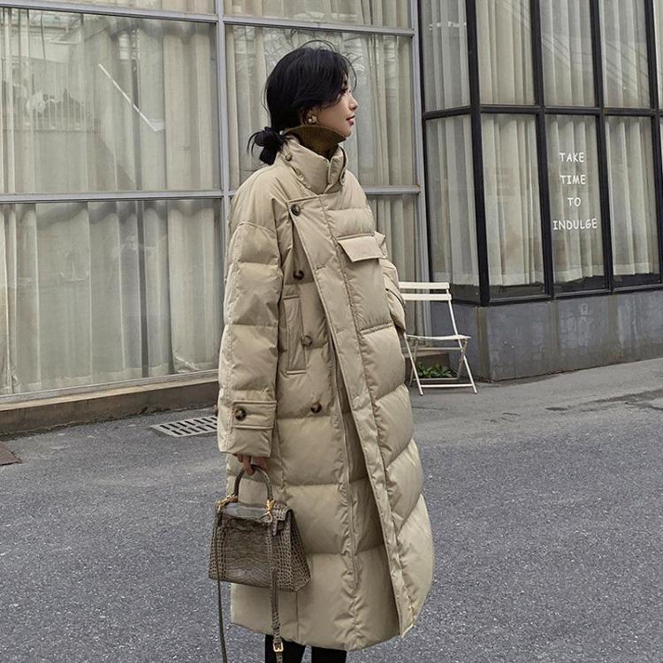 Winter Women Korean Puffer Jacket Stand Collar Windproof Coats Long Parka Thickened Warmer Buttons Big Pockets Cotton Jacket