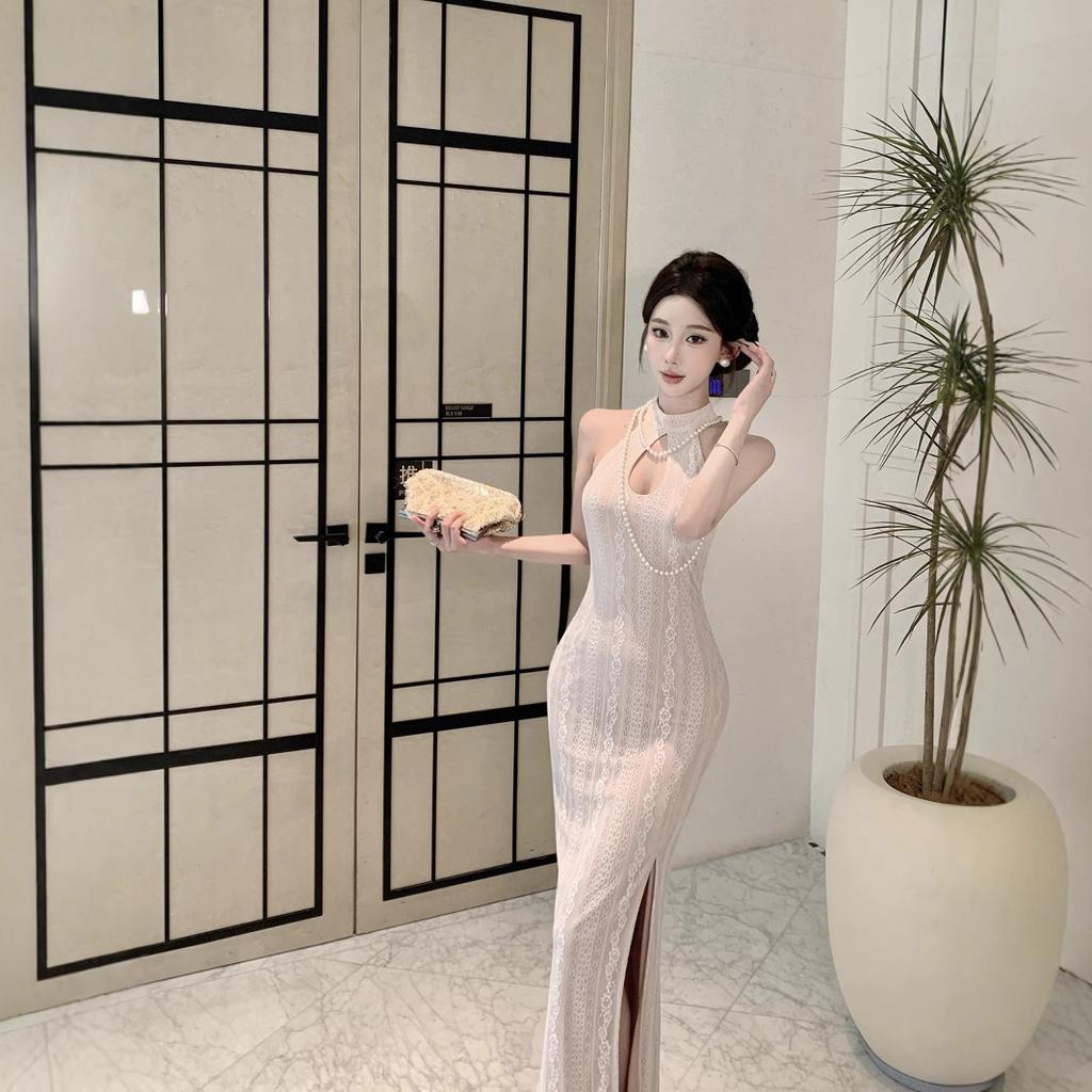 New Chinese-style Improved Cheongsam Summer New Lace Sexy Waist Thin Neck Long Small Dress Women