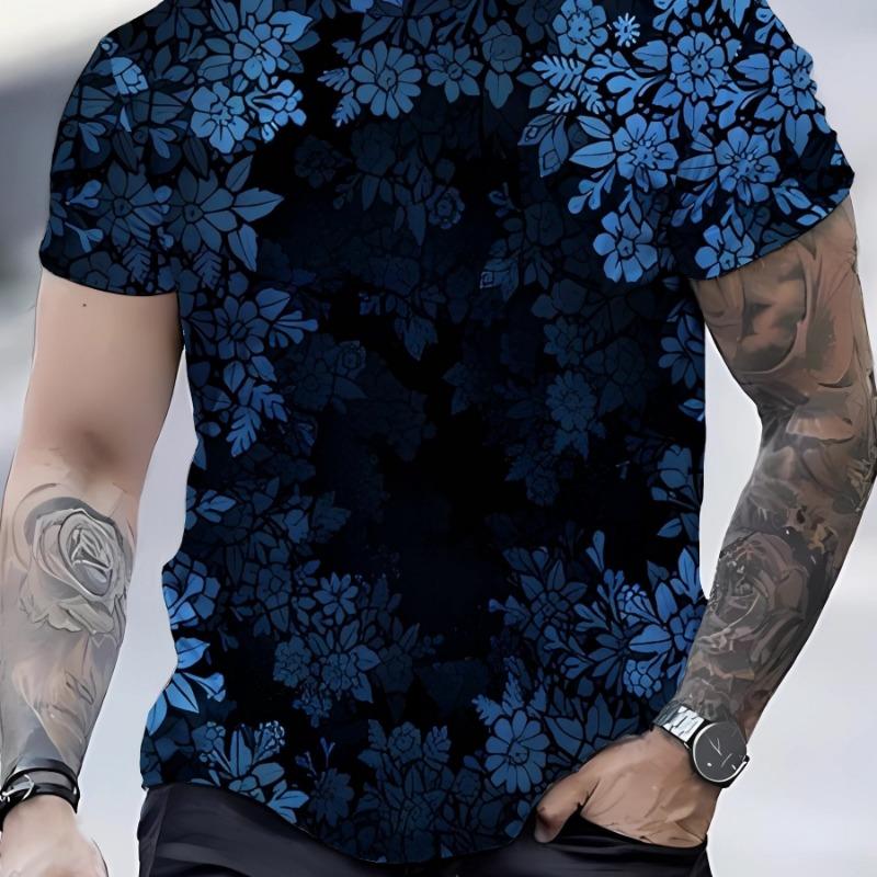 3D printing new men's fashion casual simple short-sleeved T-shirt comfortable breathable cherry blossom print short sleeve