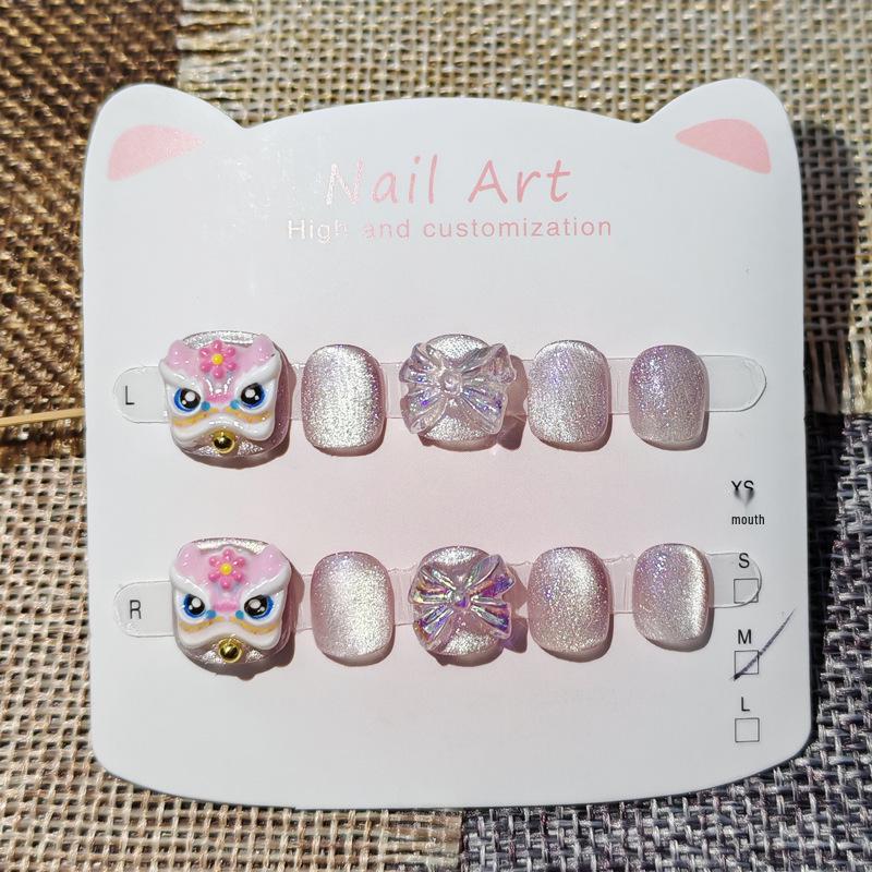 Cartoon Lion Dance Cat Eye Nail Art for Kids Aged 3-12 - Cute, Handmade, Wearable False Nail Patches