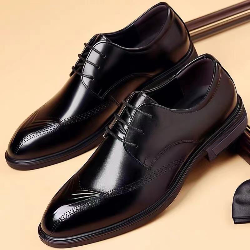 2025 Genuine Leather Men's Formal Dress Shoes Breathable Business Banquet Pointed Brogue Oxford Anti-Slip Wedding Driving Shoes