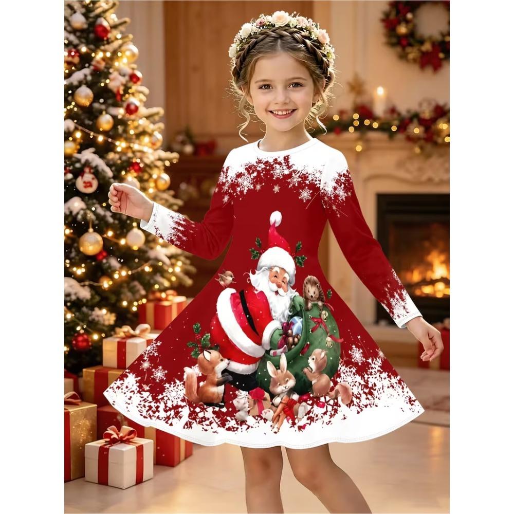 Girls' 3D Santa Claus Dress Long Sleeve Summer Spring Vacation Daily Holiday Princess Beautiful Sweet Kids 4-12 Years Casual Dress A Line Dress