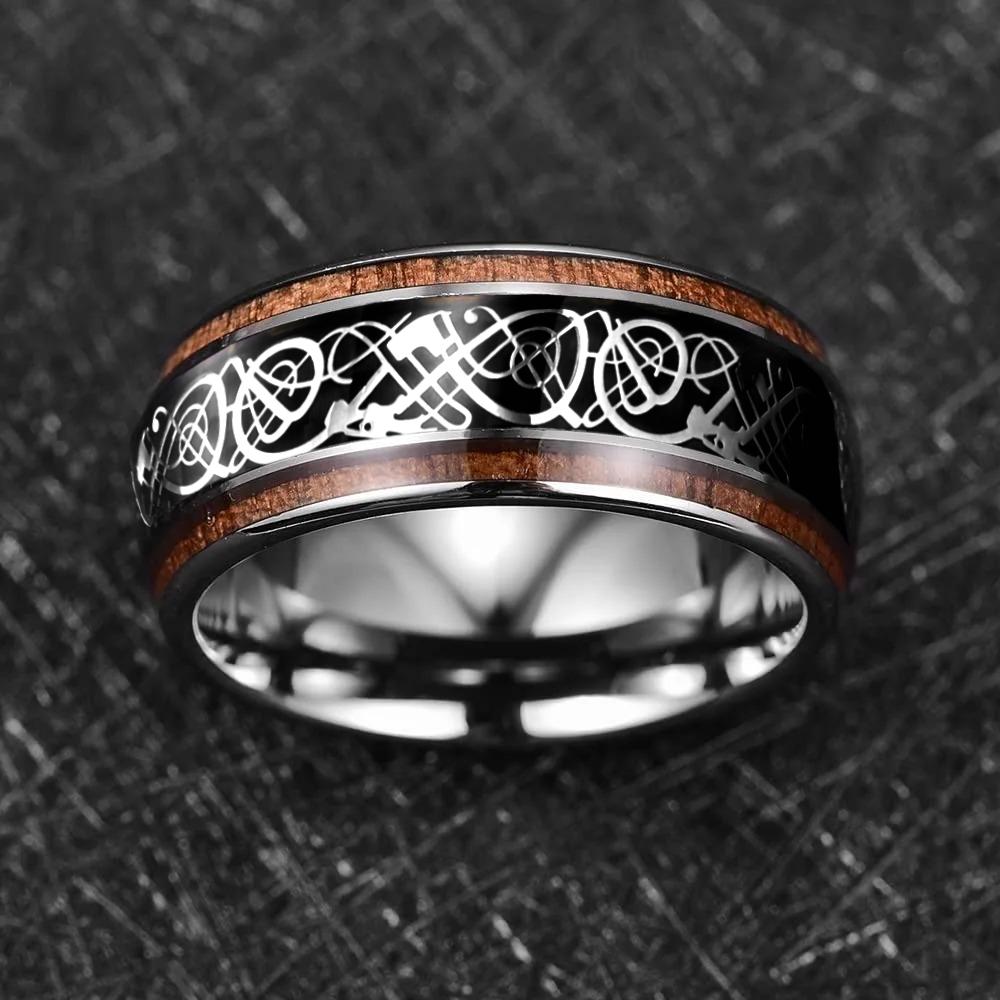 Fashion 8mm Men Stainless Steel Celtic Dragon Rings Koa Wood Inlay Black Carbon Fiber Rings For Men Wedding Band Jewelry Gifts