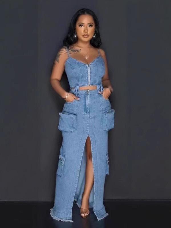 Trendy Sexy Denim Set: Zipper Spaghetti Strap Top & Split Long Skirt with Pockets
