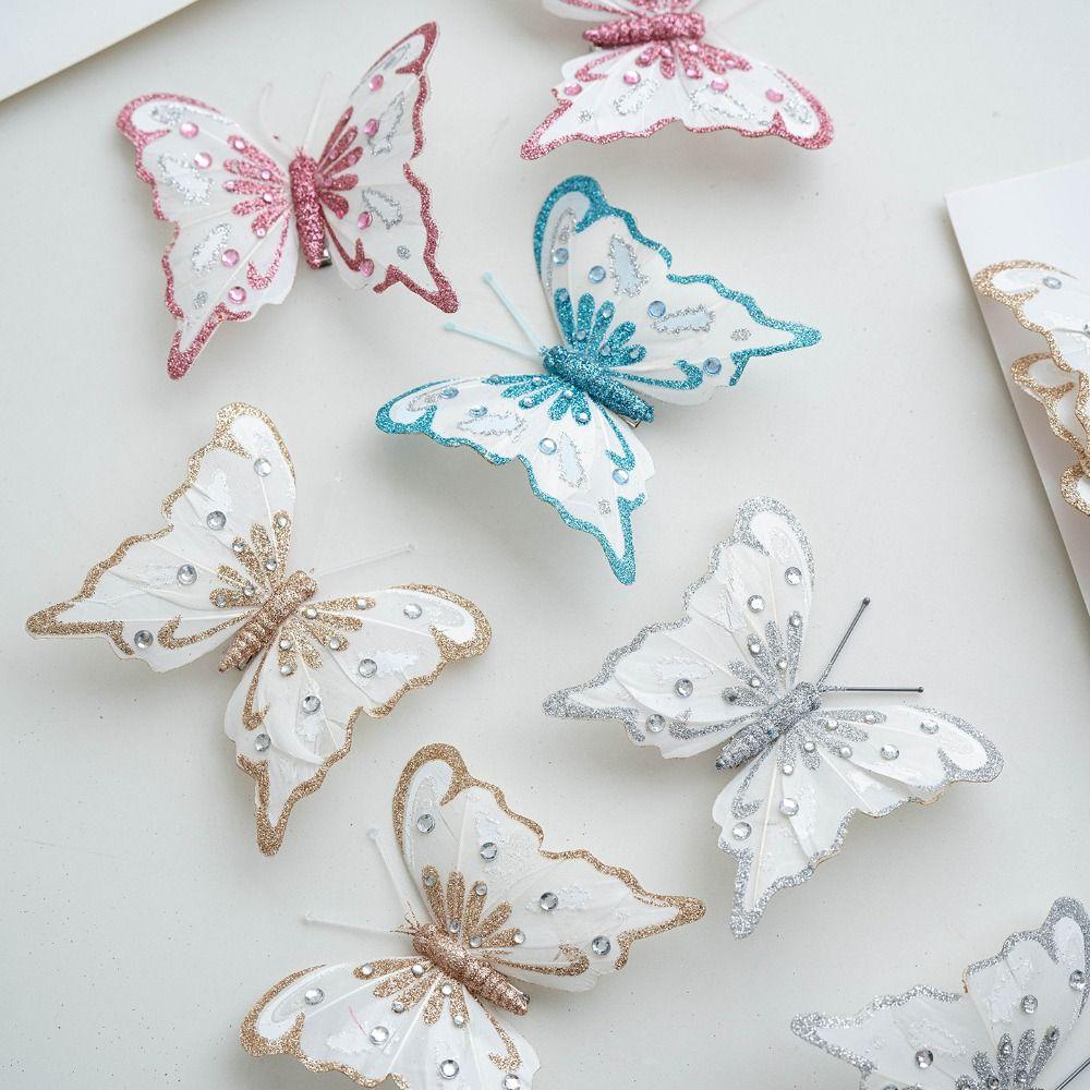 6pcs Plastic Artificial Butterfly Decoration Champagne Silver Blue Pink DIY Christmas Glitter Butterfly Hanging Ornament