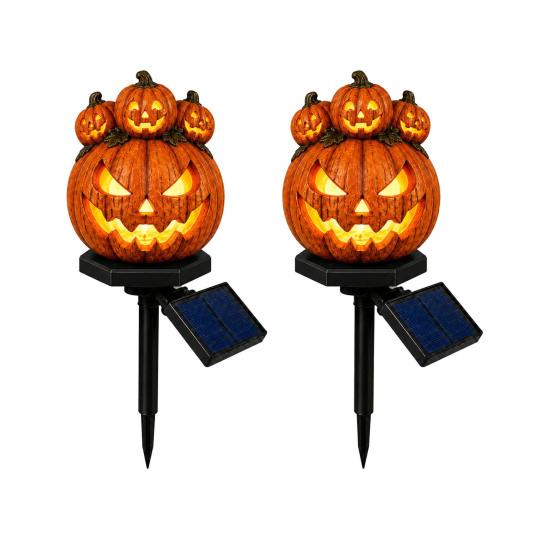 Halloween Party Accessory Solar Pumpkin Garden Stake Light, Waterproof Resin LED Jack O Lantern Lantern, Spooky Yard Lighting for Outdoor