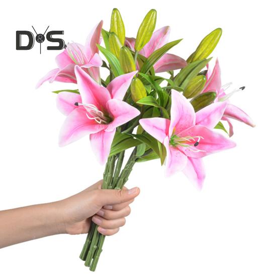 Artificial Lily Branch with Stem Green Leaves Home Wedding Party Faux Flower Floral Arrangement Indoor Outdoor Decoration Photo Props