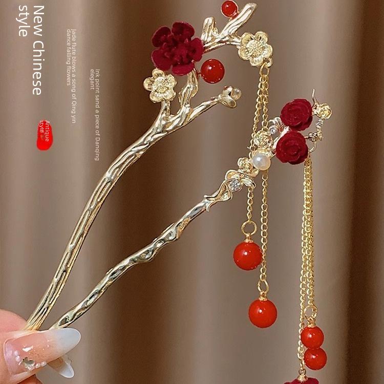 Haarnadel mit roter Blume und Quaste im chinesischen Stil für Damen