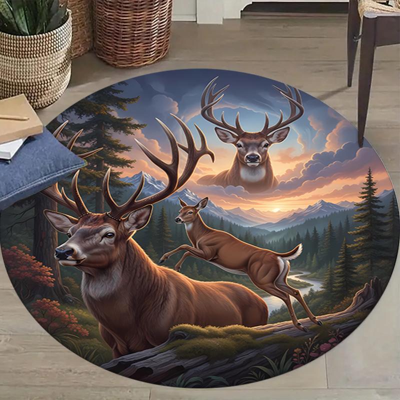 Deer Bear Wolf Round Area Rug,Carpet Rug for Living Room Bedroom Sofa Playroom Decor,Non-slip Floor Mat