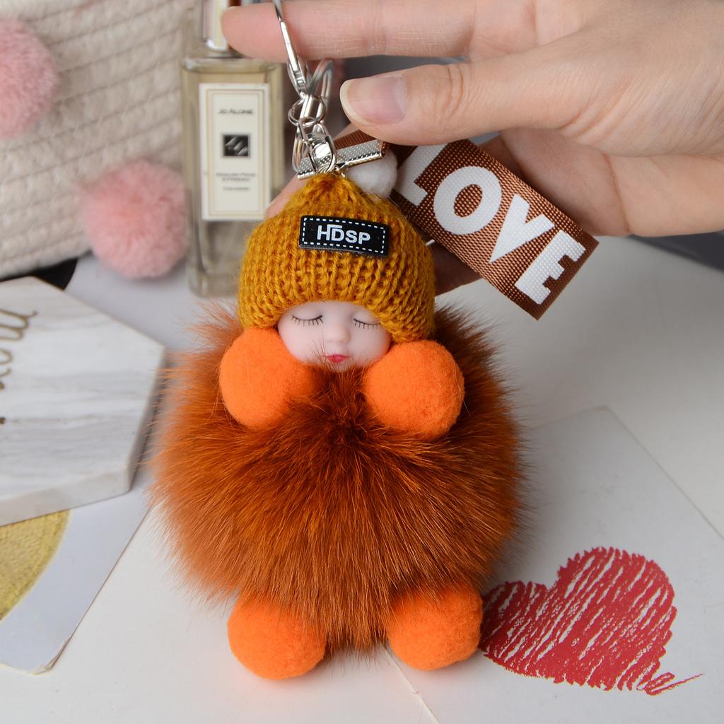 Pompom Sleeping Baby Keychain Cute Fluffy Plush Doll Keyholder Women Girl Bags Keyrings Cars Key Ring Gift Charming Decoration