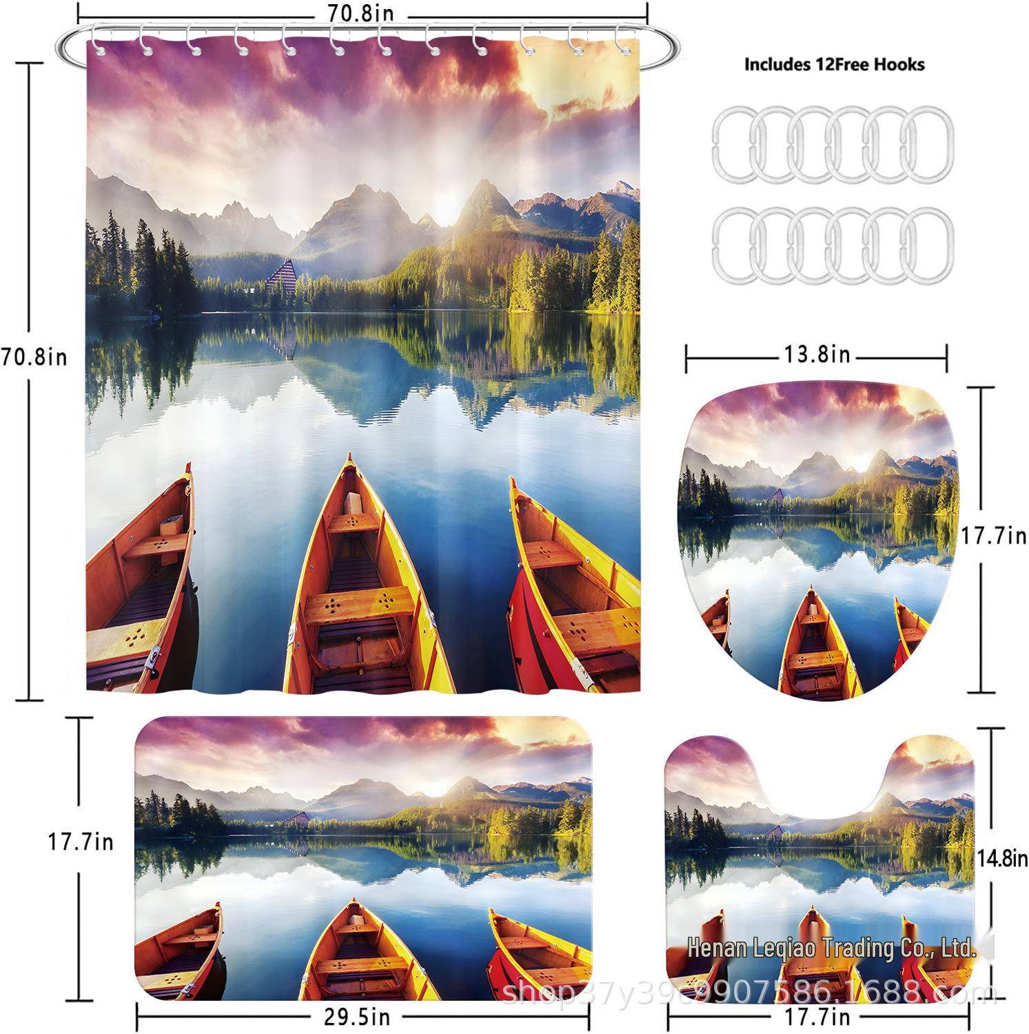 

Modern Waterproof Scenic Ship Pattern Four-Piece Bathtub Curtain Set with Wet and Dry Separation 12 Hooks Included