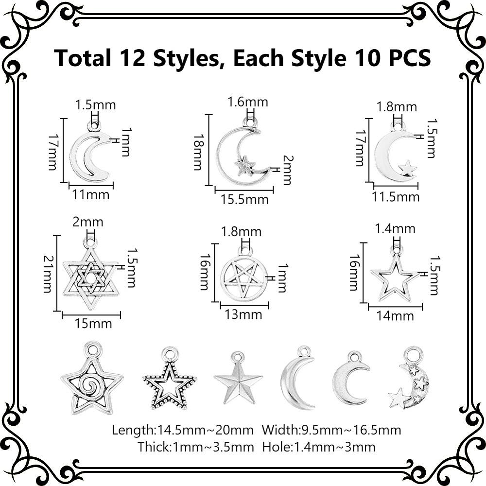 120Pcs 12 Styles Tibetan Style Alloy Pendants Lead Free and Cadmium Free Moon & Star Antique Silver 14.5~20x9.5~16.5x1~3.5mm Hole: 1.5~3mm