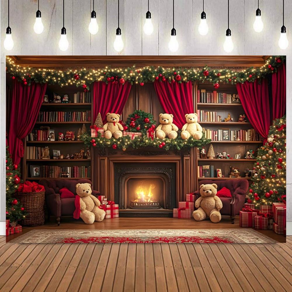 Retro Christmas Themed Photography Backdrop Toy Bears Gifts Xmas Tree Fireplace Interior Room Decor Photo Background Props