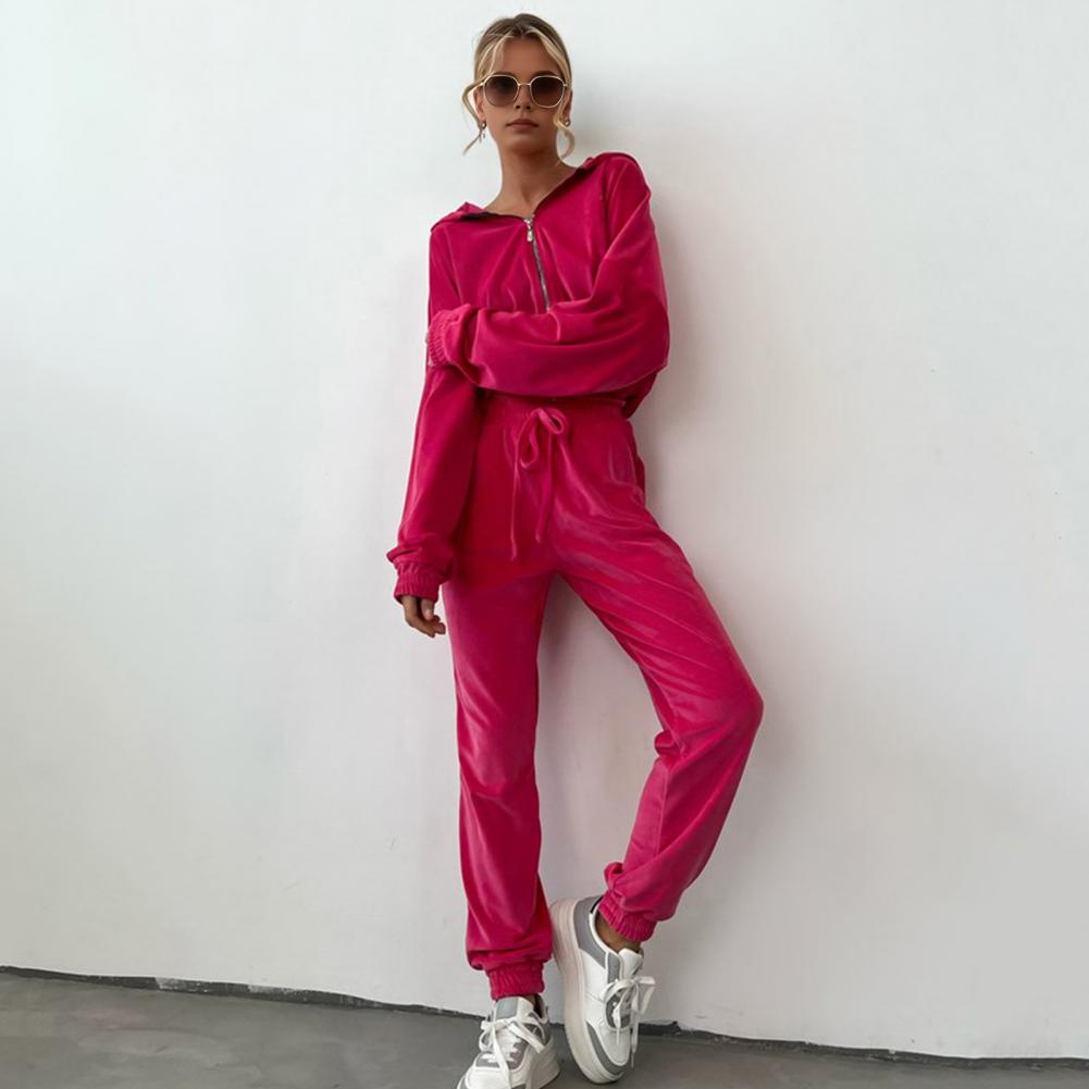 Collection of 2 Pieces Women Coat Pants Suit Hooded Zip-up Long Sleeve Short Top Elastic Hem And Waist Ankle-banded Pockets Trousers Winter D