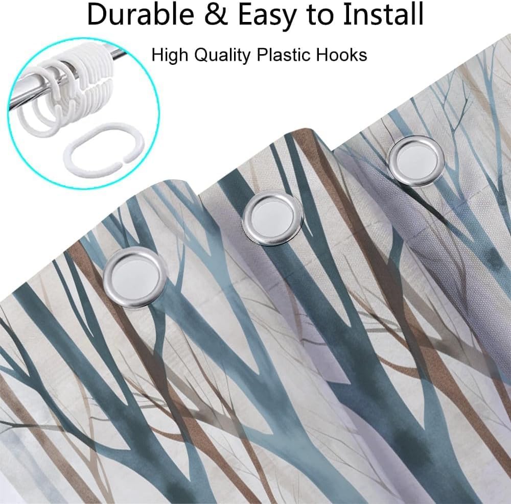 Brown And Blue Trees Fabric Shower Curtain, Art Abstract Birch Forest Rustic Wood Polyester Fabric Waterproof Shower Curtain