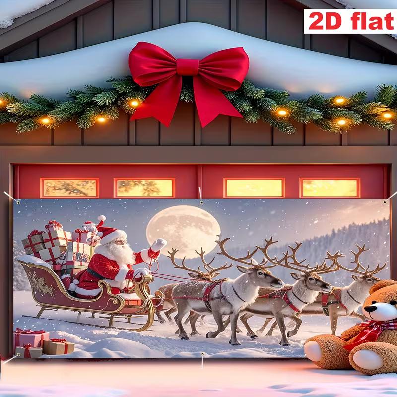 2D Winter Night Santa Sleigh Garage Door Cover, Reindeer & Moon Christmas Decor