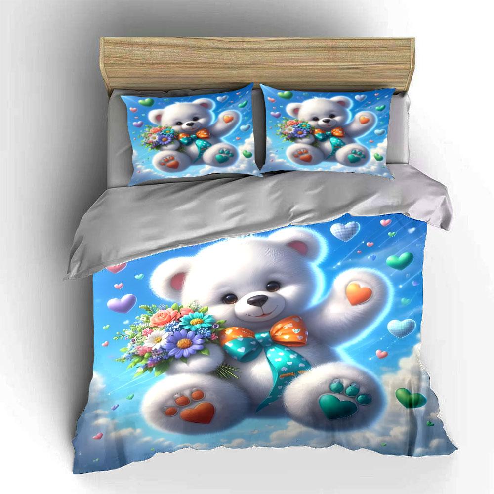 Cute White Bear, Flowers, Sky, Hearts Print Soft Comfortable Duvet Cover Bedding Set Included 1*Duvet Cover 2*Pillowcases