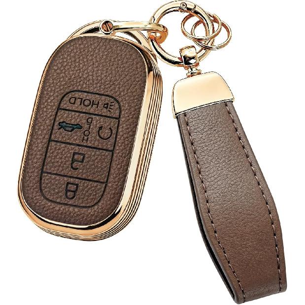 for Honda Key Fob Cover with Leather Texture & Keychain, Beige | Soft TPU Key Shell Case for Accord Civic CR-V HR-V Pilot 2022 2023 2024 2025 2026