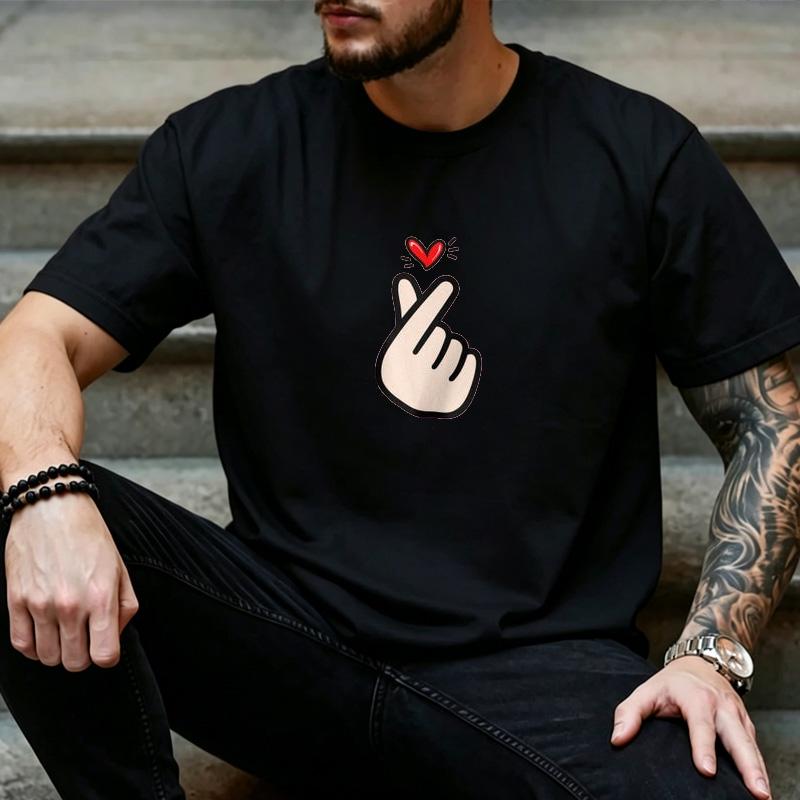 Unisex Cute Korean Finger Heart Red Heart Cartoon Graphic T Shirt Kpop Love Gesture Daily Streetwear Couple Top