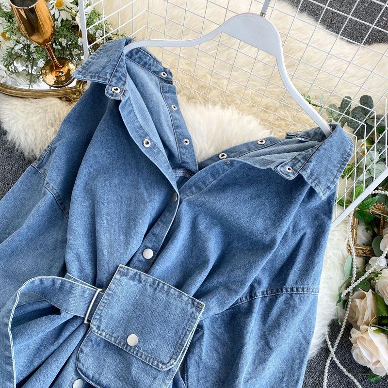 Women's Casual Multi-Wear Backless Denim Shirt with Lace-Up Waist