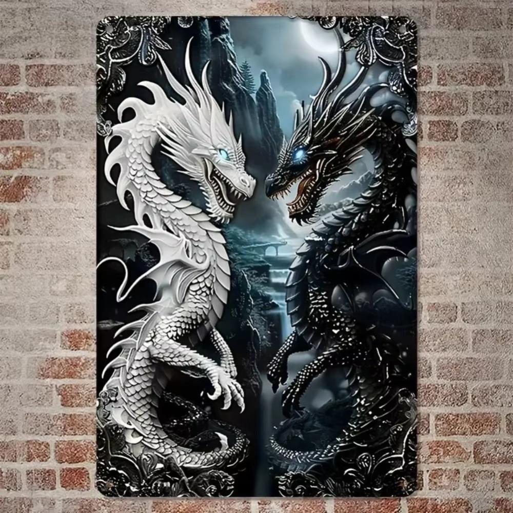 Металлическое настенное искусство «Двойной дракон» Черно-белый Декор в стиле кантри Гостиная 20x30cm