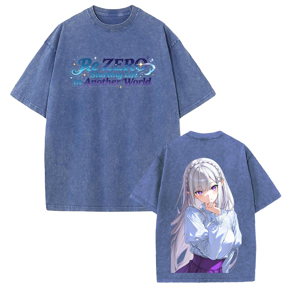 Hot Anime Re ZERO Emilia Kawaii Graphic Tee Men Women Short Sleeve Clothing Washed Cotton Tshirt Casual T-shirt Vintage T Shirt