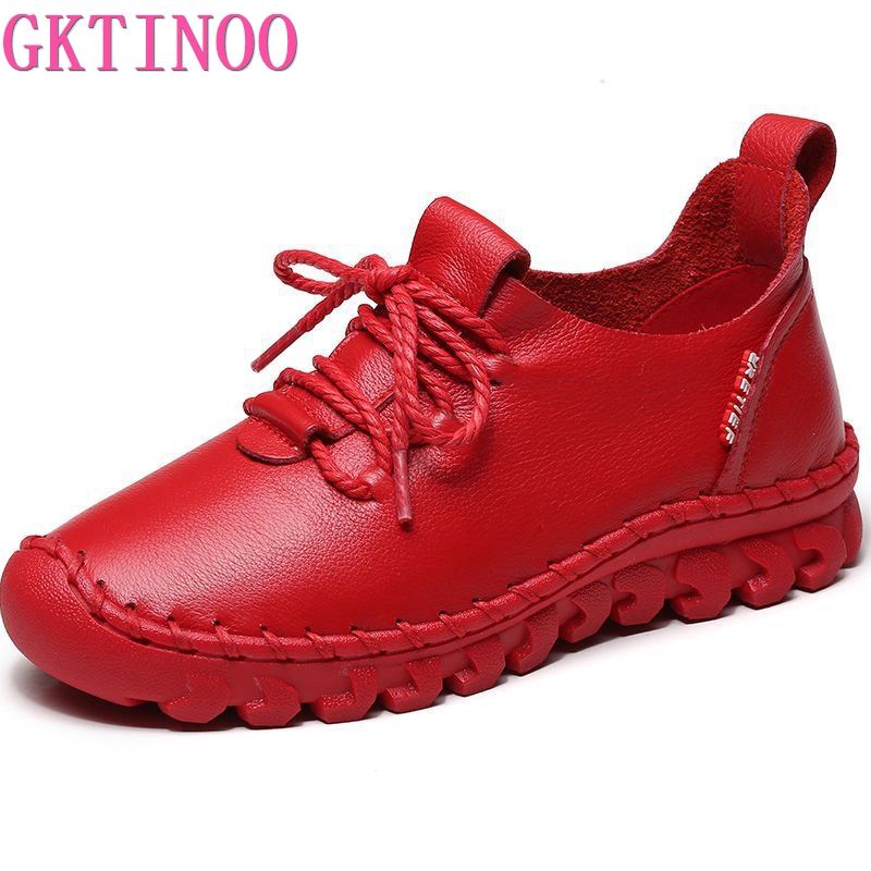 Handmade Genuine Leather Women Shoes Casual Sneakers Retro Flats Ladies Lacing Loafers Breathable Vulcanized Shoe Red 42