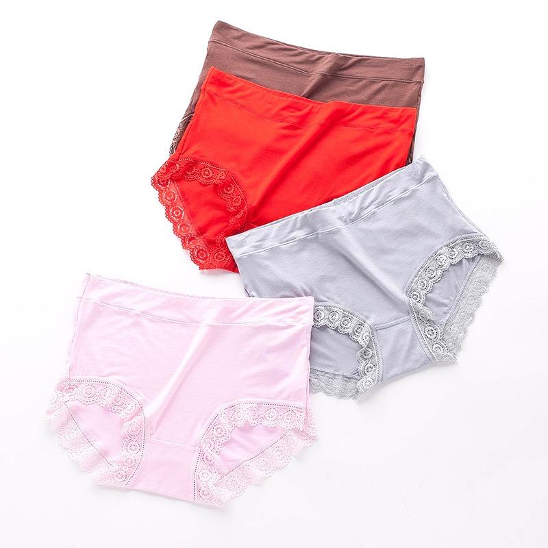 Large Size Underwear with Lace Edges Solid Color Modal Medium High Waist Briefs Abdominal Compression Hip Lifting for Women Panties