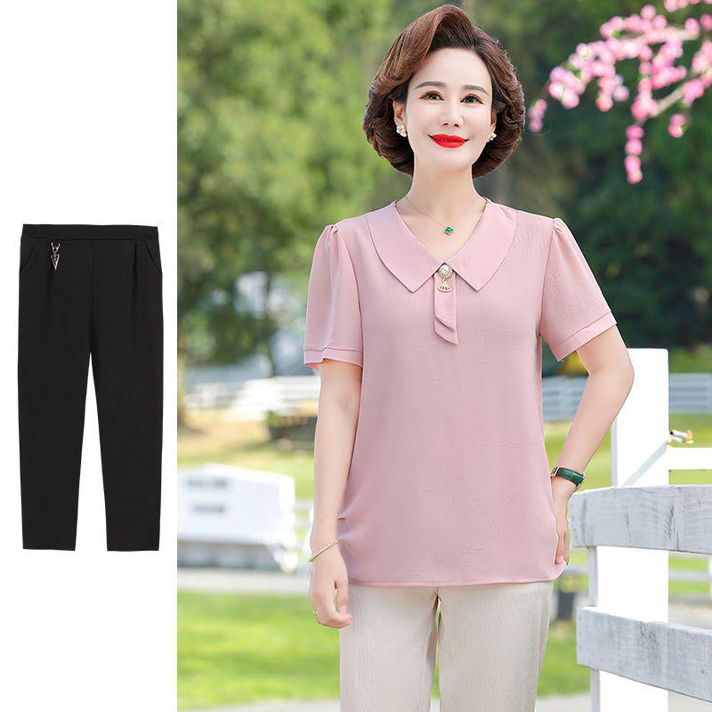 Mom's Stylish Summer Two-Piece Set: Chiffon Top & Short Sleeve T-Shirt for Middle-Aged Women