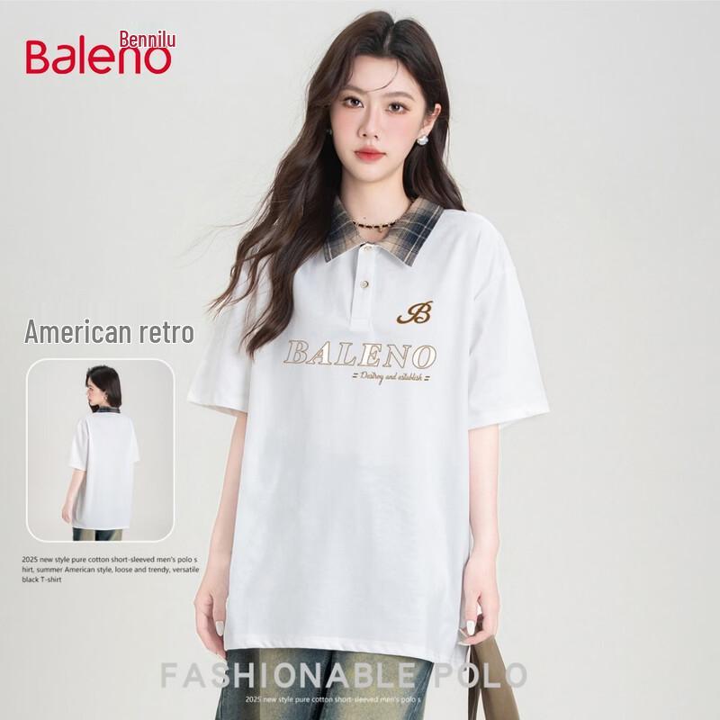 Baleno Women's Plaid and Letter Print Short Sleeve Polo T-Shirt