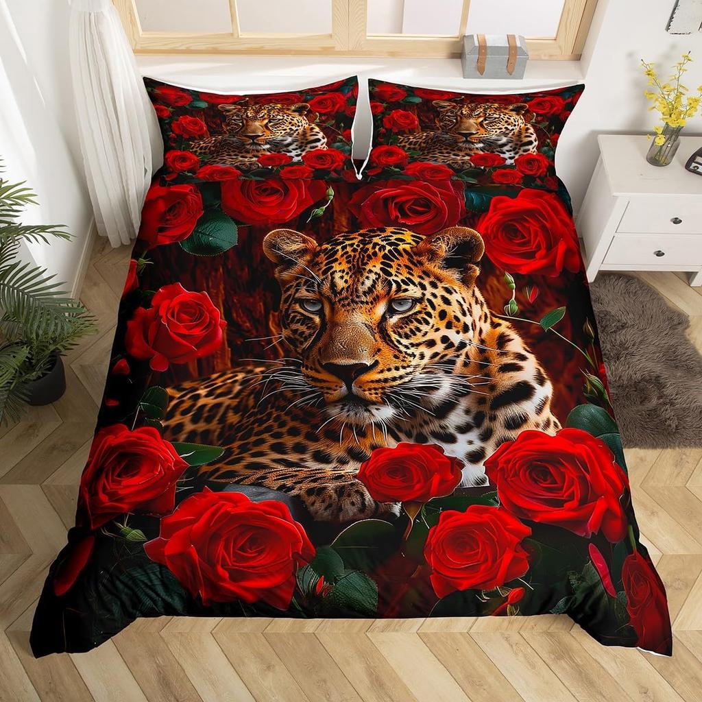 Leopard Bedding Set Wild Cheetah Comforter Cover Rose Romantic Floral Duvet Cover For Boys Girls Room Decor Twin Full Queen King