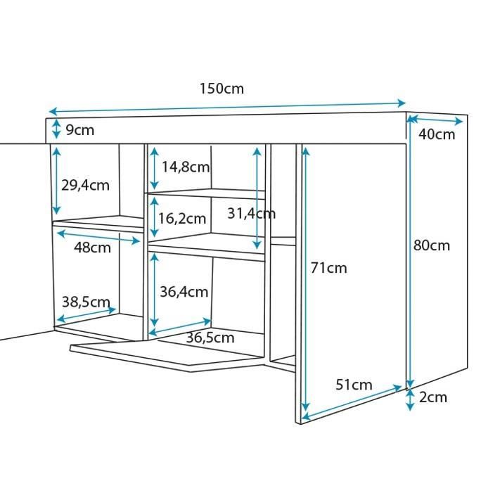 Buffet Bahut 3 portes avec LED | 150 x 83 x 40 cm | Couleur Sonoma et Blanc mate | Meuble de rangement | Modèle NATOLIA
