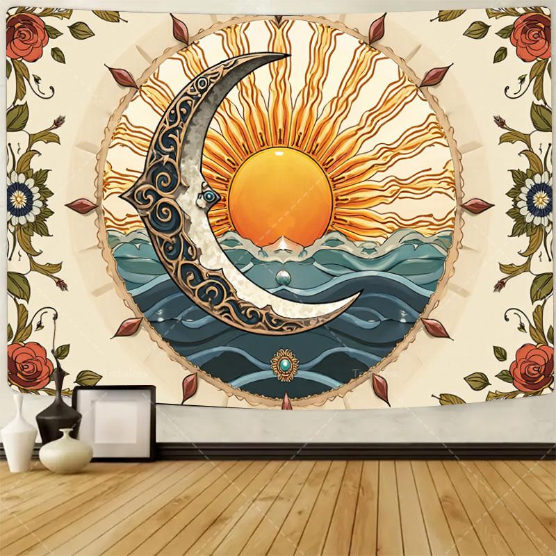 

1pc Wall Tapestry Boho Chic Sunburst Tapestry with Floral & Star Motifs for Bohemian Decor 40x30inch