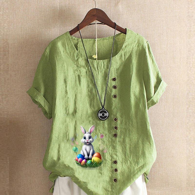 

Женская модная футболка с круглым вырезом и коротким рукавом с принтом кролика, повседневная хлопково-льняная рубашка с рисунком, свободная летняя блузка для отдыха, топы 5XL зелёный