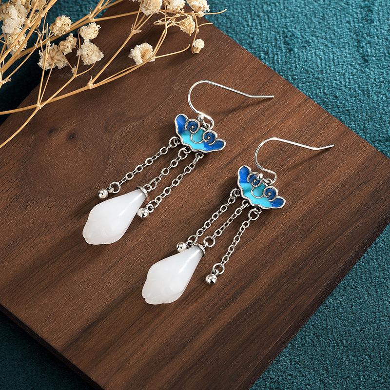 Aieryuan Ethnic Cloisonné Magnolia Long Earrings - Thai Silver Plated Auspicious Clouds Design