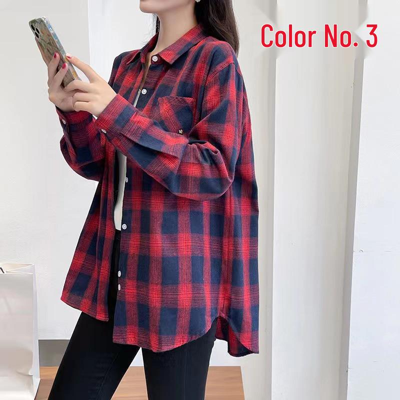 Women's Long Sleeve Plaid Shirt - Korean Style Loose Cotton, Mid-Length, Brushed Retro Jacket, Plus Size for Spring and Autumn.