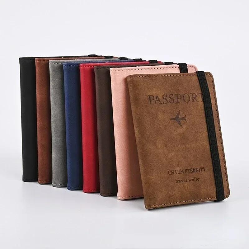 Elastic Band Leather Passport Cover for Cards Travel Passport Holder Wallet Document Organizer Case Men Women