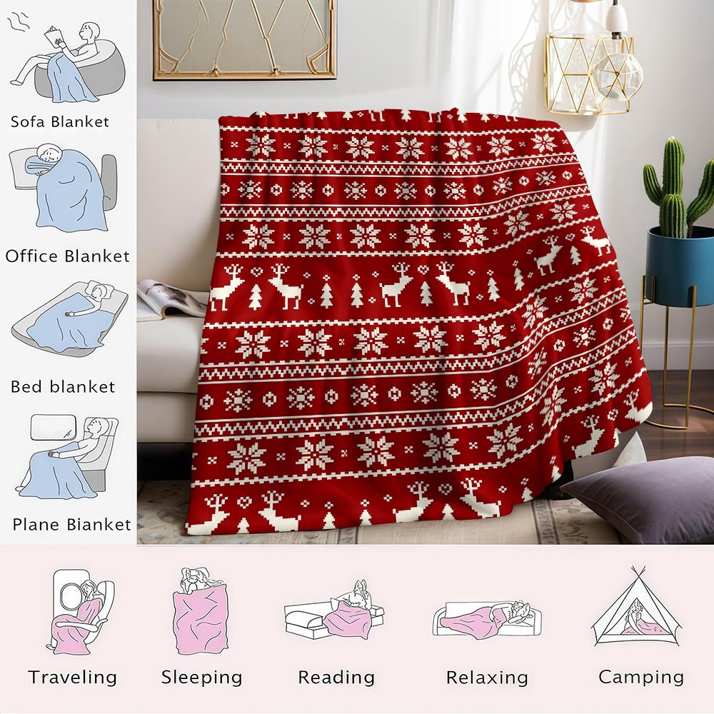 Xmas Reindeer Knit Flannel Blanket Warm Soft Halloween Christmas Couch Warm Cozy Decorative Decor Gift For All Season