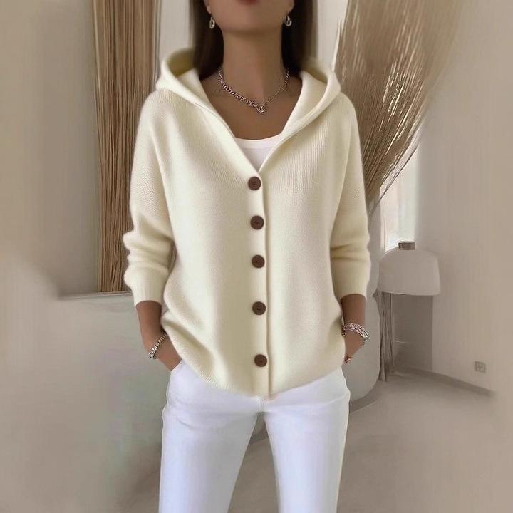 2025 Women’s Solid Color Button Knit Hooded Cardigan Sweater - Casual Fashion for Autumn & Winter