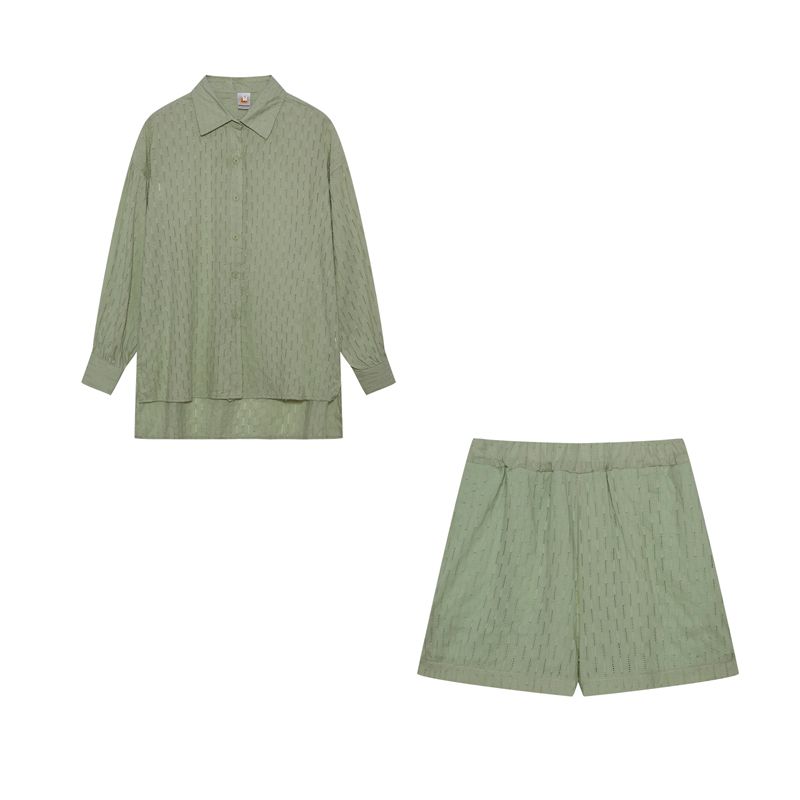

Fashion Spring New Arrival Work Clothing Polo Collar Single-Breasted Shirt Jacquard Bubble Long Sleeve Tops Shorts Two-piece Set Light green M