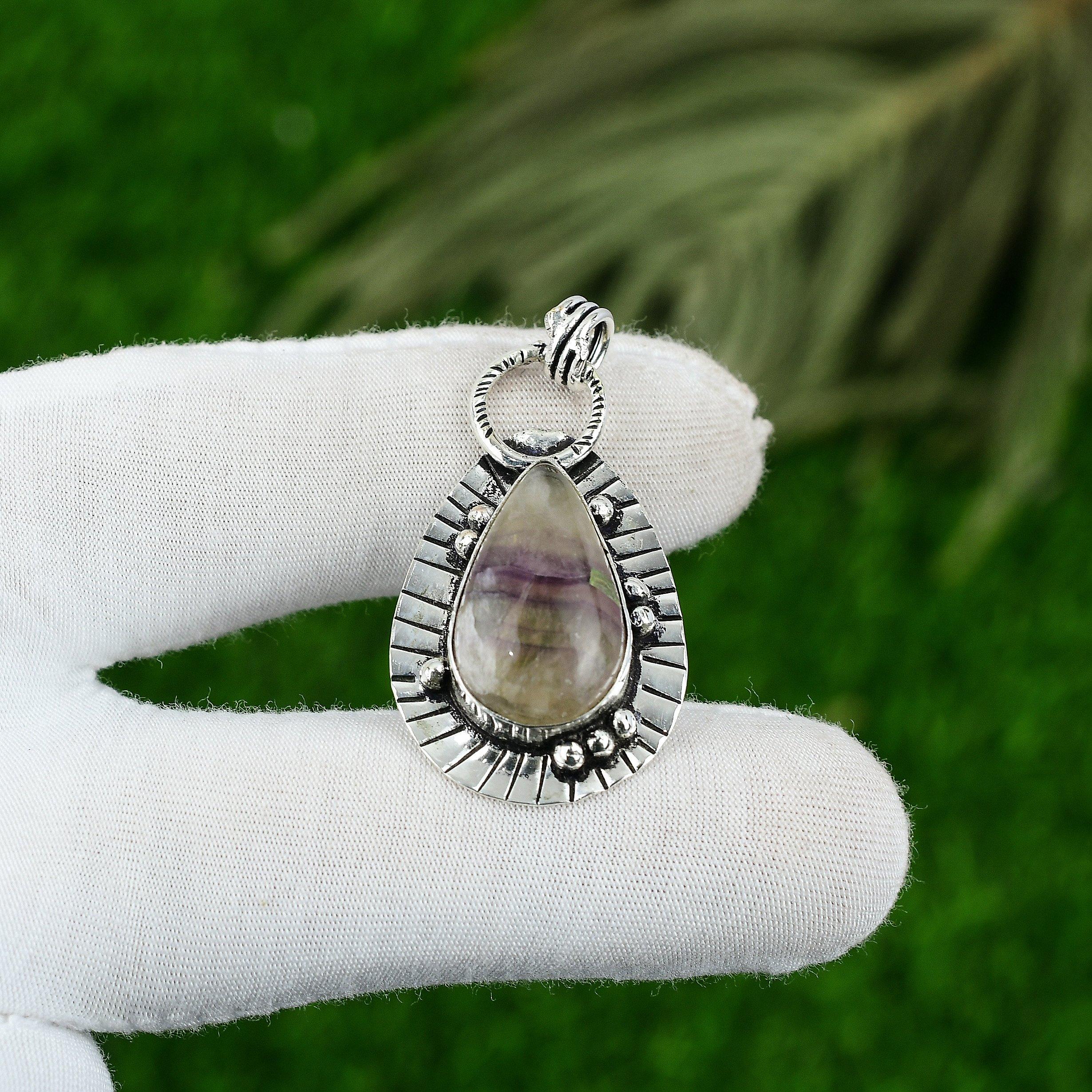 Sterling Silver Pear Multi Fluorite Stone Third Eye Chakra Bezel Pendant Jewelry