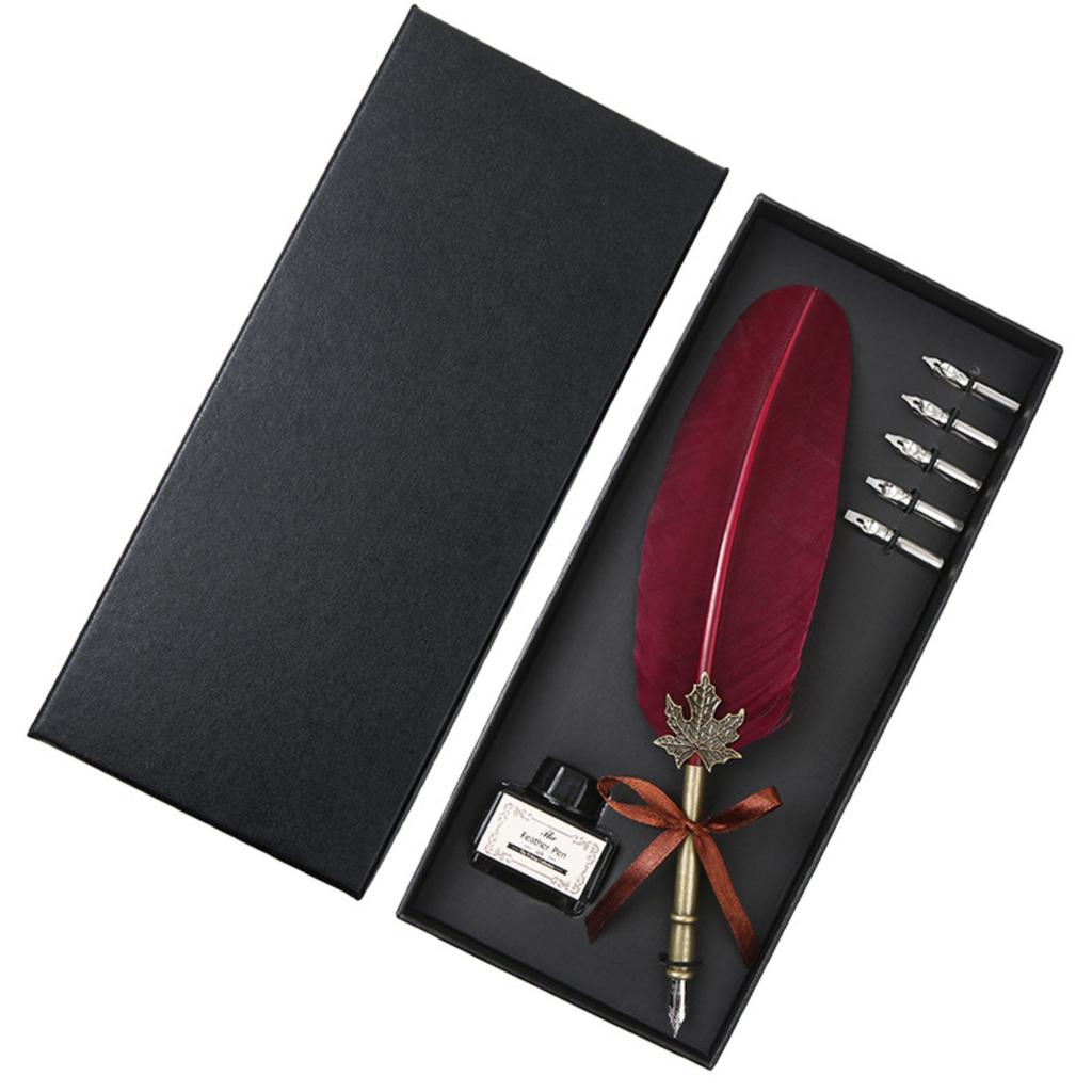 1 Set Retro Classic Texture Practical Calligraphy Feather Dip Pen Quill Foun-tain Writing Portable Birthday/Valentine's Day/Wedding Gifts 10ml