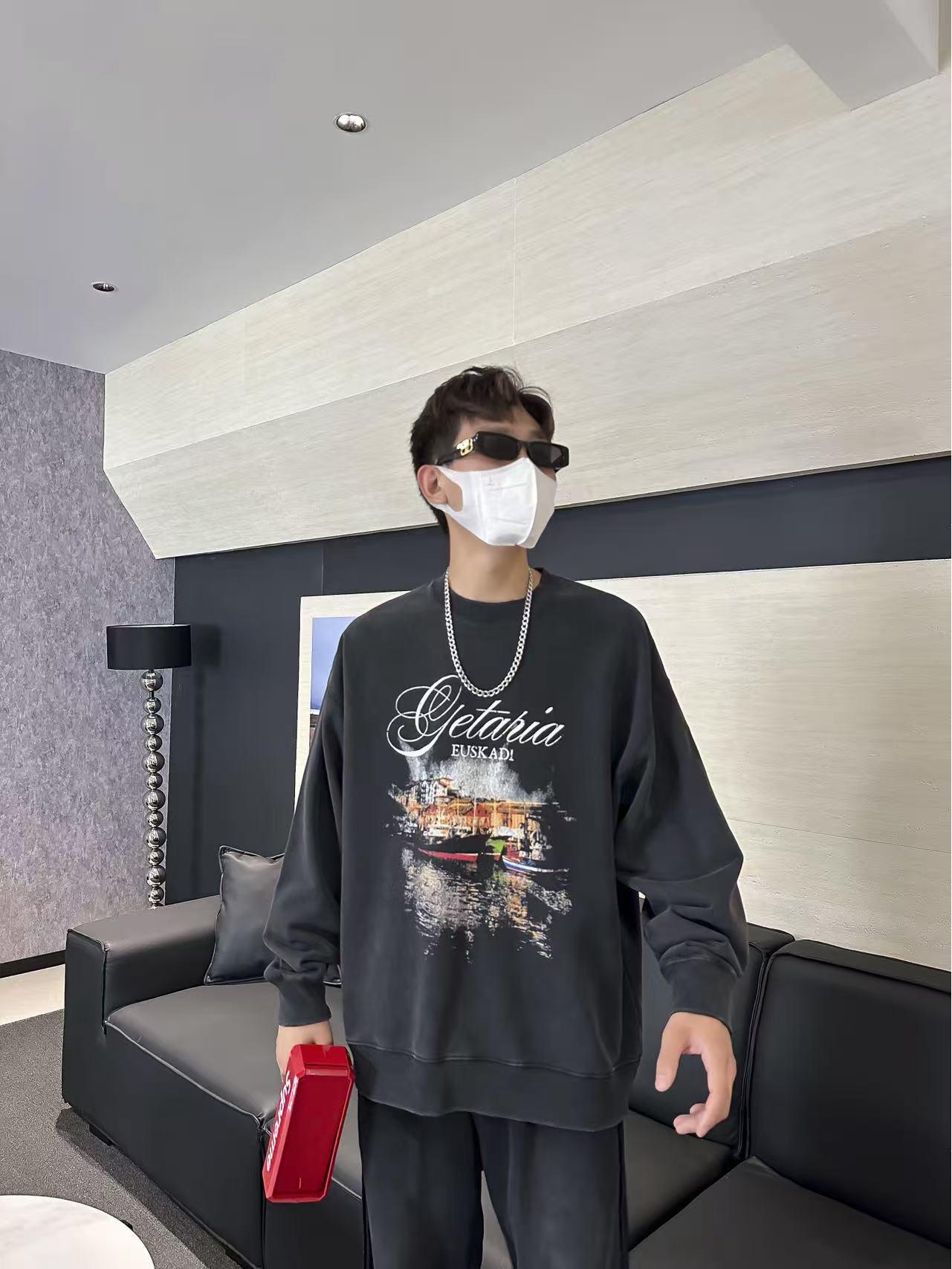 Retro Night Scene Print Distressed Heavyweight Sweatshirt - Plus Size Long Sleeve Round Neck Autumn Wear XL 4289₽