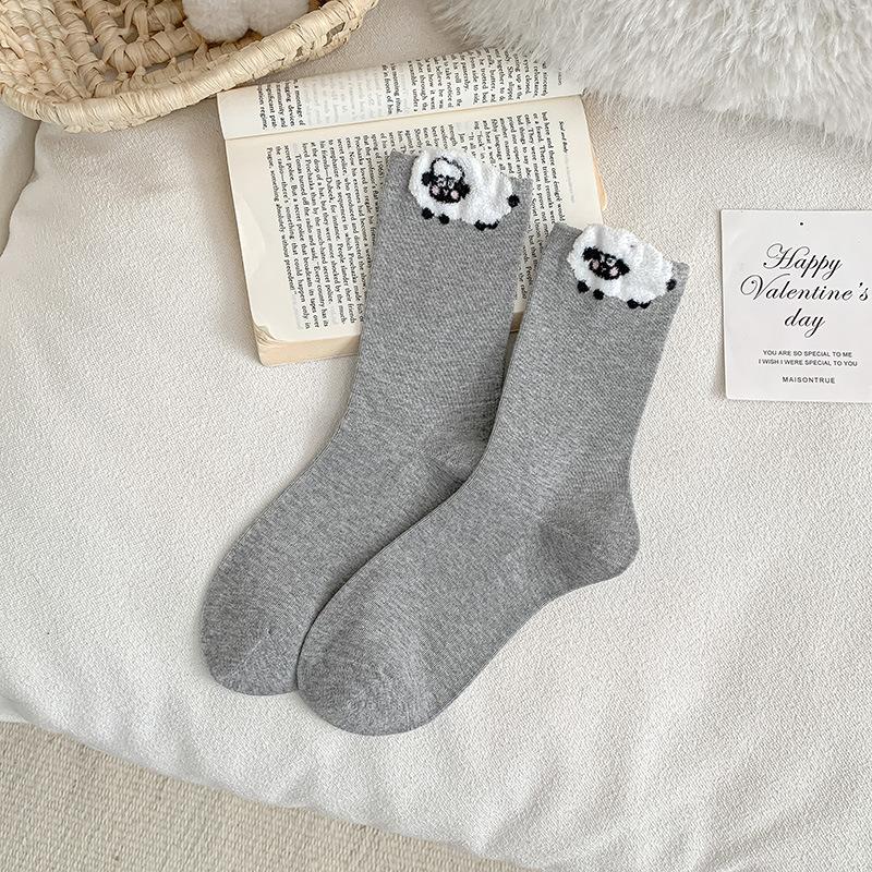 Female Spring and Autumn Lovely Assorted Cartoon Floss Lamb Striped Boneless Tube Pile Socks