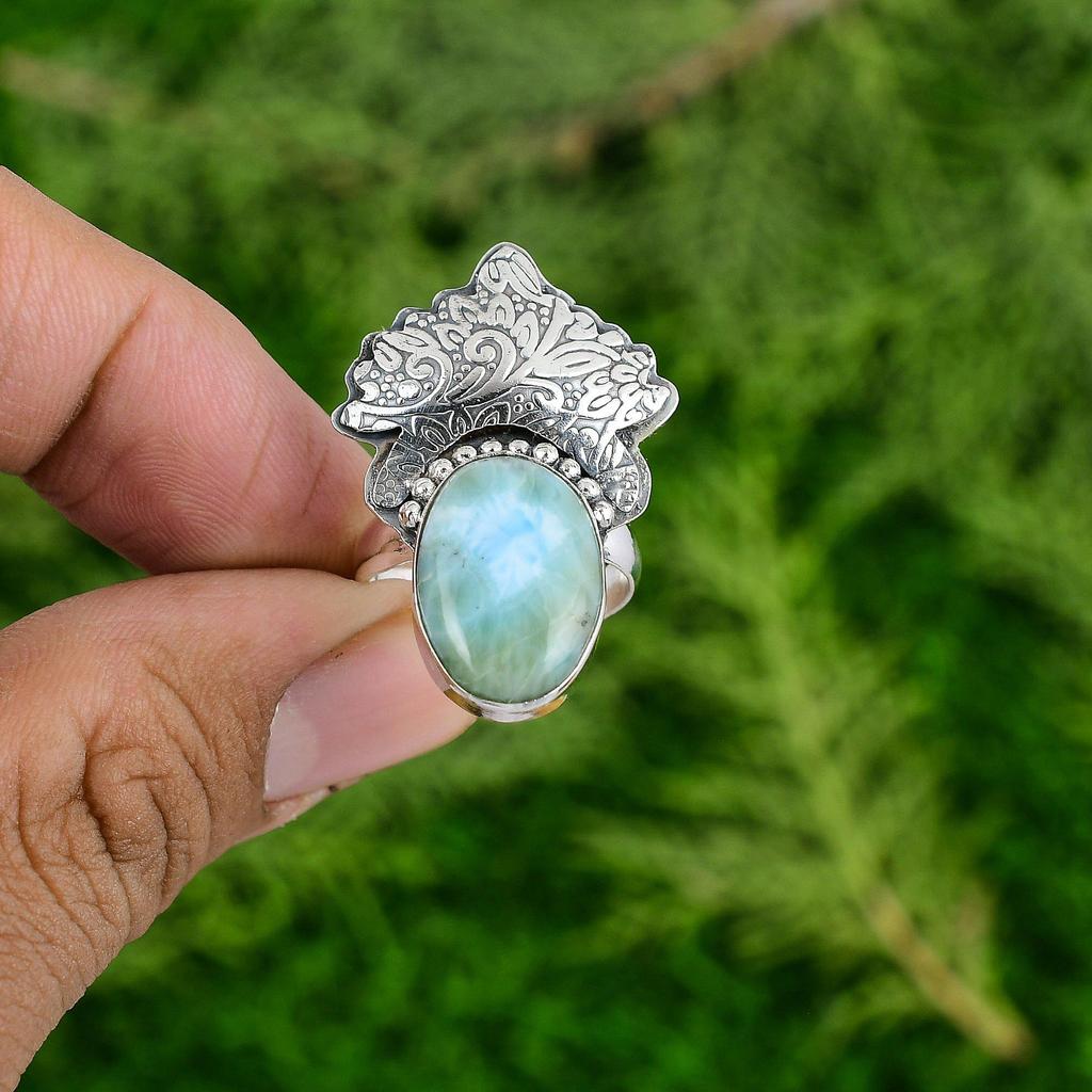Mothers day Sale Natural Larimar Wife Solitaire Ethnic Ring Jewelry 925 Silver