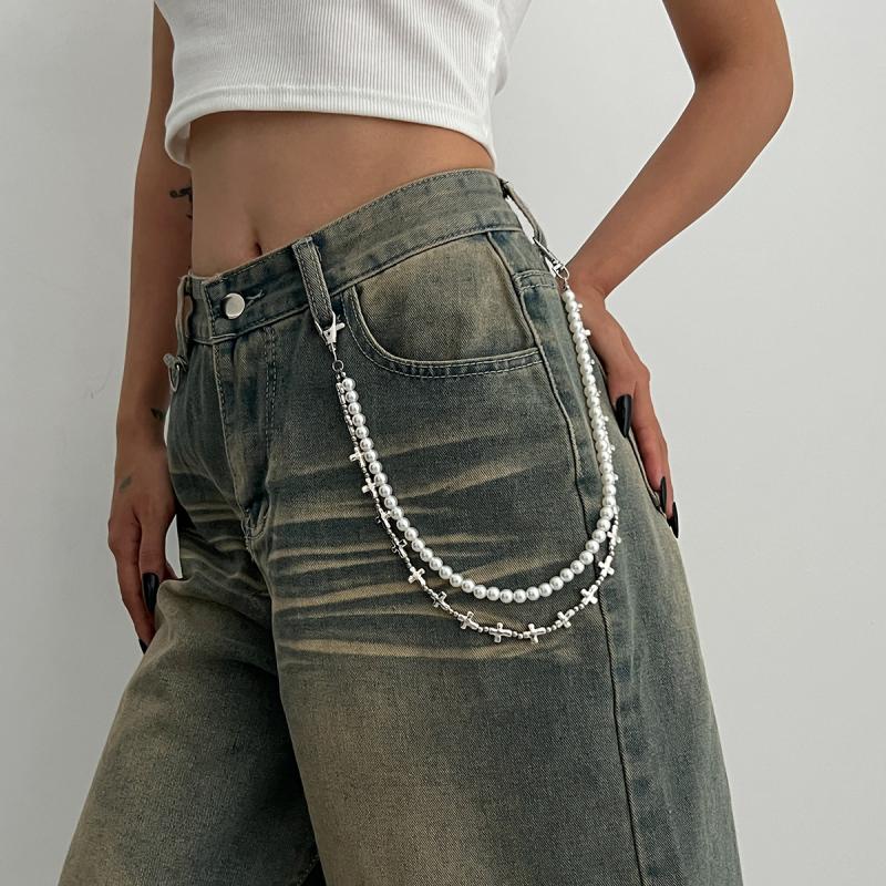 Hip Hop Multilayer Imitation Pearl Cross Charm Jeans Pants Chain Personalized Waist Chain Fashion Wallet Chain Belt Decor