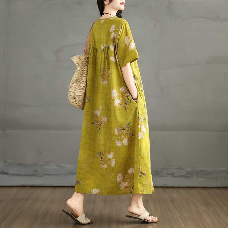 Summer Retro Cotton and Linen Round Neck Short Sleeved Dress, Women's Loose Skirt