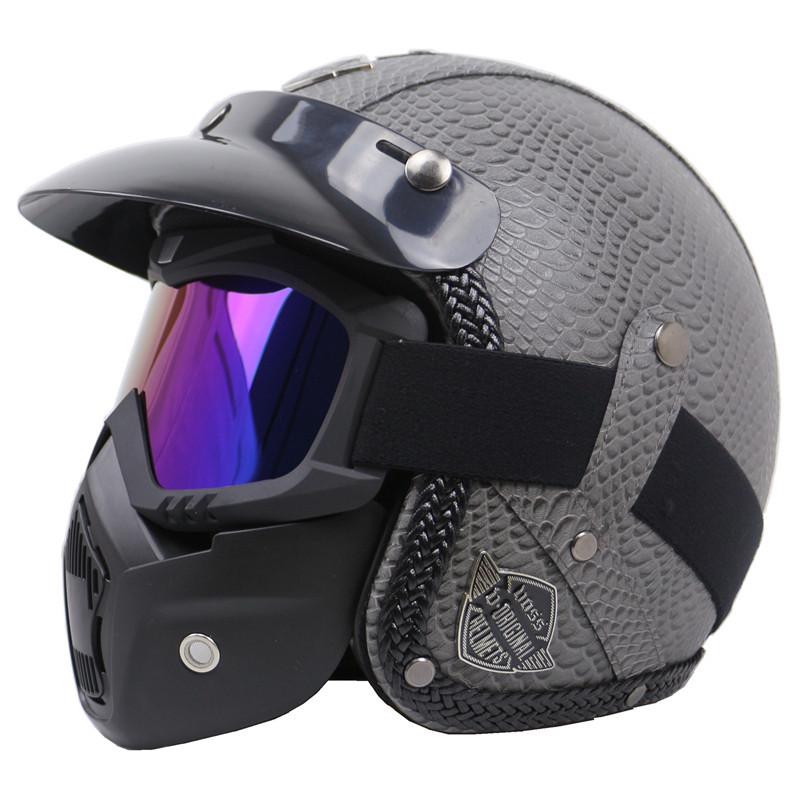 Retro Leather Motorcycle Half Helmet with Visor