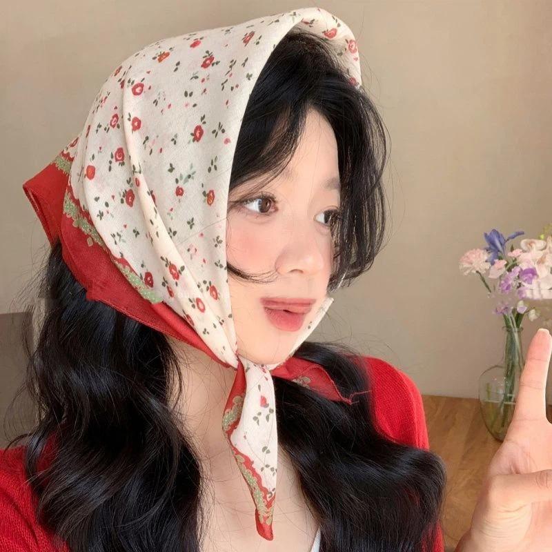 Vintage Floral Headscarf Women Bandana Head Wrap Hair Clips Headwear Summer Travel Beach Hair Accessories