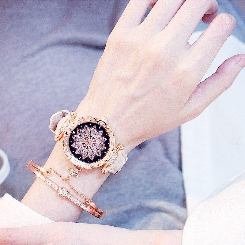 Women Watches Wrist Bracelet Set Starry Sky Ladies Wrist Bracelet Watch Casual Leather Quartz Wristwatch Clock Relogio FemininoCasual Bracelets